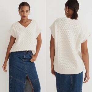 Madewell Cable-Knit V-Neck Sweater Vest Wool Blend XXS NM618 Cream Oversized‎